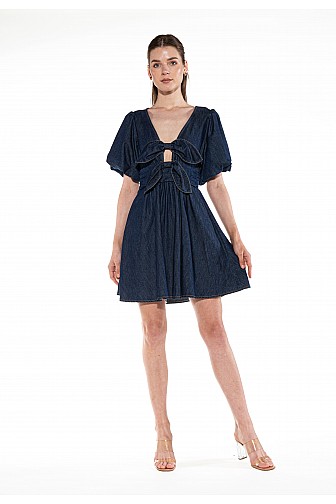 Bow Front Puff Sleeve Denim Mini Dress