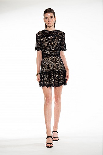 ELEGANT SHORT SLEEVE BLACK LACE MINI DRESS