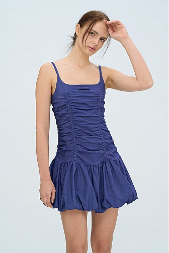 RUCHED BUBBLE HEM MINI DRESS