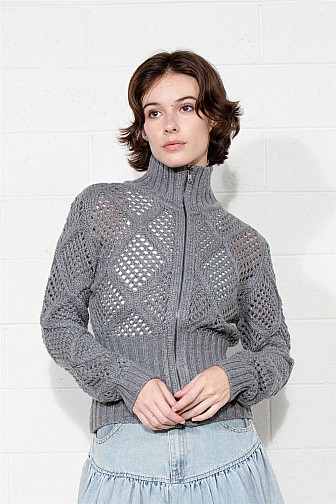 DIAMOND OPEN-KNIT ZIP-UP SWEATER