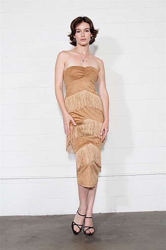 CANYON FRINGE STRAPLESS SUEDE MIDI DRESS