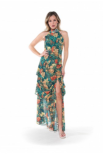 WILD GARDEN TIERED HALTER MAXI DRESS