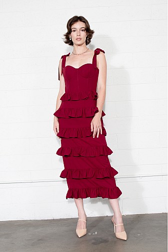 RIBBON RUFFLE BUSTIER MIDI DRESS