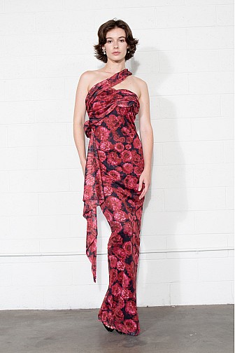 CRIMSON ROSE ONE-SHOULDER MESH GOWN