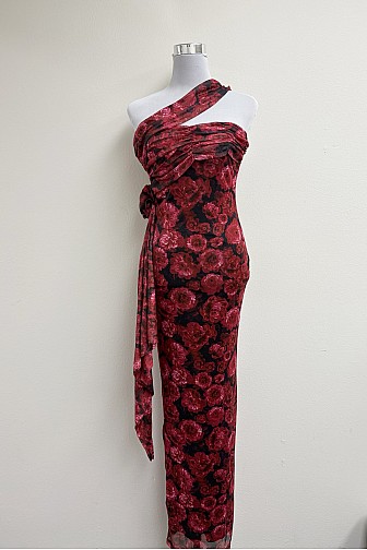 CRIMSON ROSE ONE-SHOULDER MESH GOWN