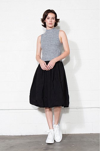 MOCK NECK KNIT BODICE BUBBLE MIDI DRESS