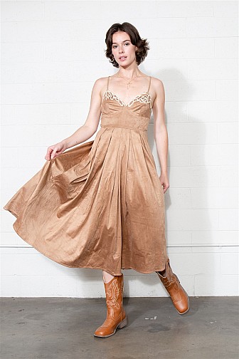 PRAIRIE ROSE SUEDE EMBROIDERED MIDI DRESS