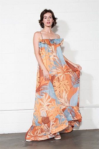 SUNSET PALMS RUFFLE MAXI DRESS
