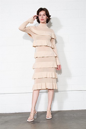 CASCADA RUFFLE KNIT MIDI DRESS
