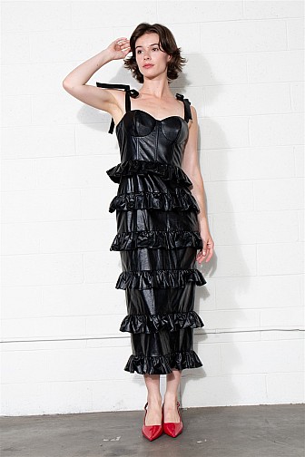 MIDNIGHT FRINGE FAUX LEATHER RUFFLE DRESS