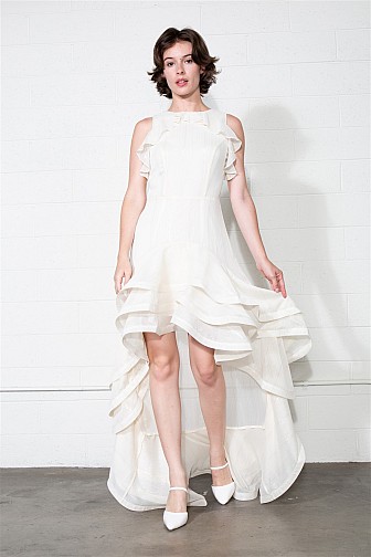 IVORY CASCADE RUFFLE HIGH-LOW GOWN