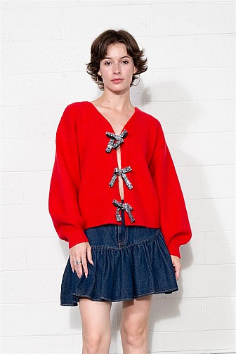 TRIPLE BOW SEQUIN TIE-UP CARDIGAN