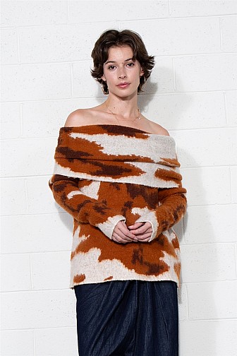 COW PRINT OFF-SHOULDER KNIT SWEATER